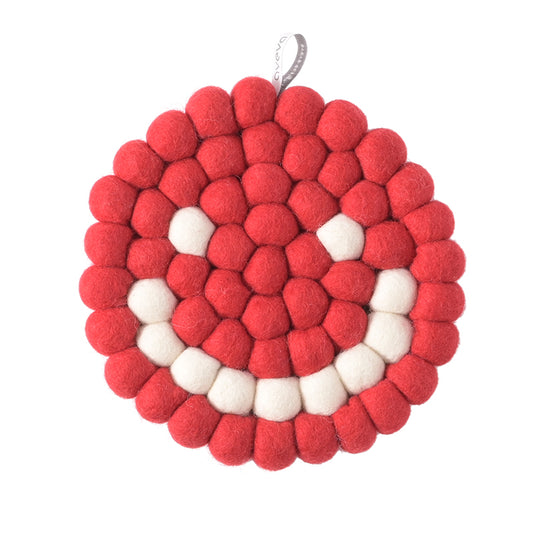Handmade wool trivets with a smiley face in the handcrafted wool. Bringing joy to your everyday life.Red and white non toxic dyed wool.