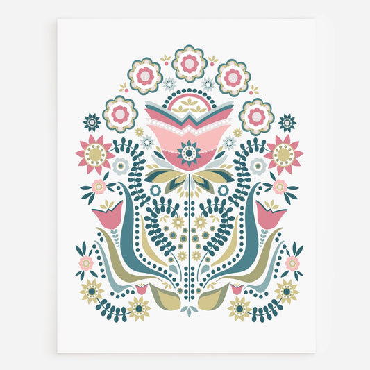 A vertical art print featuring a symmetrical folk-art floral design in pastel pink, teal, sage green, and beige on a white background.