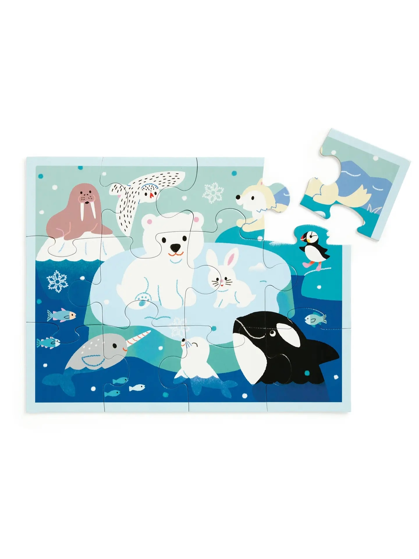 Designed with extra-thick pieces for children two and older. Ingela Arrhenius has illustrated an underwater look at a porpoise, sea turtle, sea star, seahorse, fish, and kelp, all brightly colored. If you prefer a frosty adventure featuring adorable polar pals go for the Artic set. The convenient pouch keeps pieces together for on-the-go fun, whether at home or during travel. Watch your little one's face light up as they connect each piece.