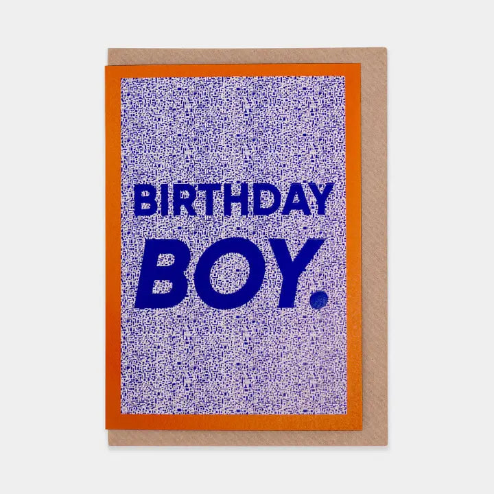 Birthday card with 'BIRTHDAY BOY' text on a purple speckled background