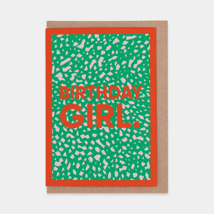 Birthday card with 'Birthday Girl' text on a green patterned background