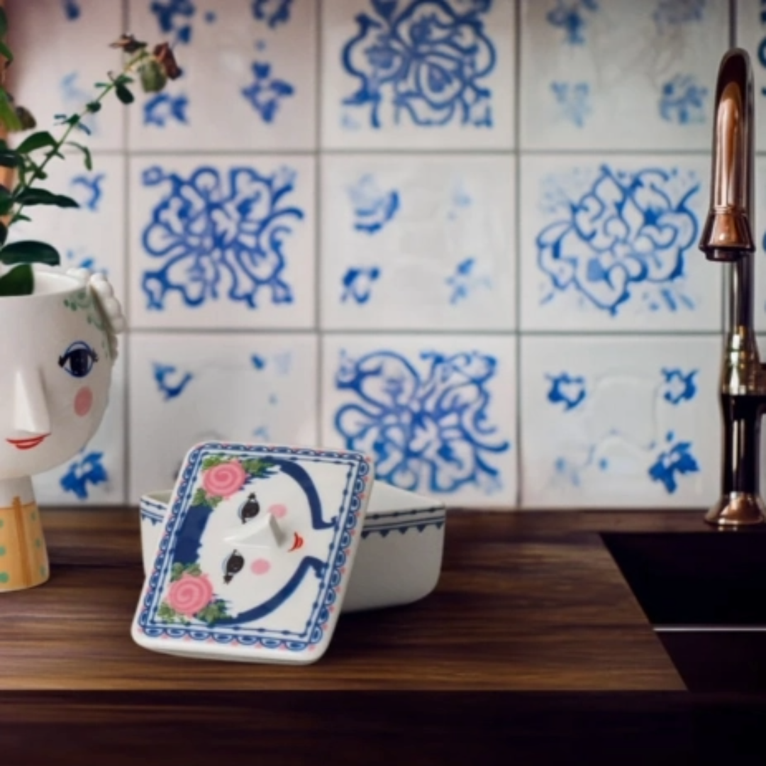 Dora Porcelain Butter Dish, Dish, Display Box, Danish Design Classics, Face, Cheerful