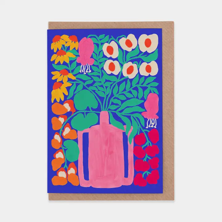 Colorful floral design on a blue background with a pink vase, on a white background.