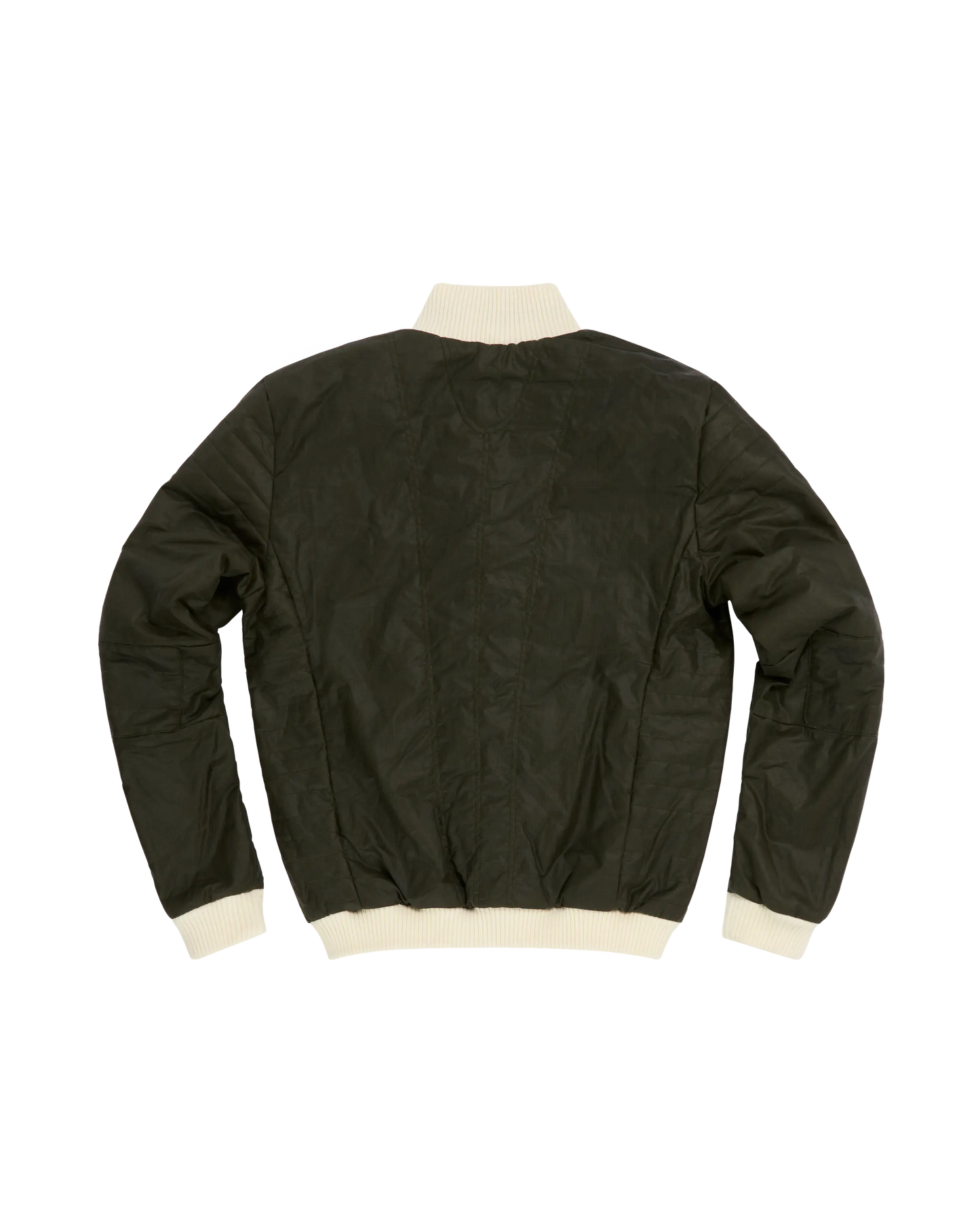 The back view of a dark olive green waxed bomber jacket with contrasting cream ribbed trim at the collar, cuffs, and hem, displayed on a solid white background.