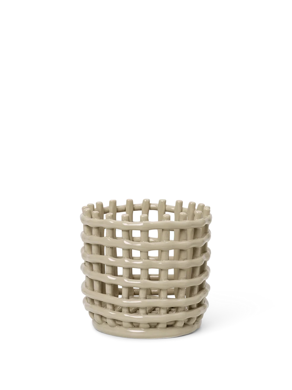 Beige woven ceramic basket on a white background