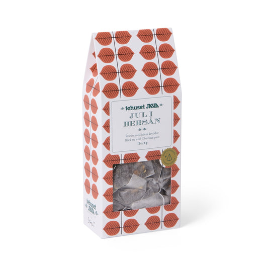 Tea bags with a Christmas blend of black tea flavored with apple, cloves, cinnamon and orange. Beautifully wrapped in a package with Stig Lindberg's famous Berså pattern.
