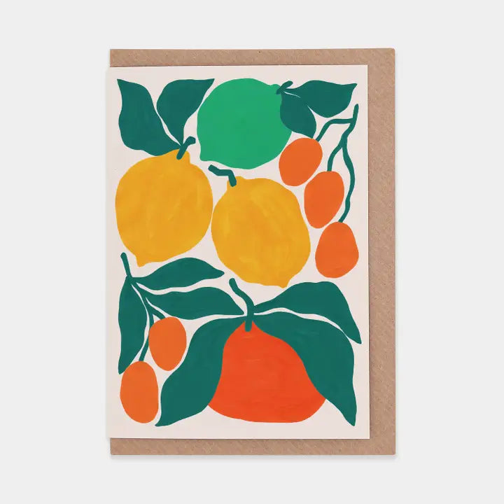 Card with colorful lemon and orange design on a white background