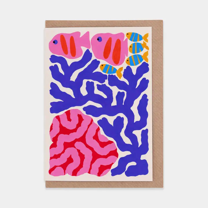 Card with colorful fish and coral design on a white background