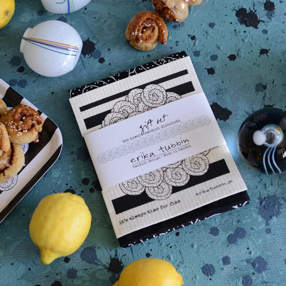 Giftset Swedish Fika Cinnamon Tea Towel, Erika Tubbin Sweden, Gift Set, Made in Sweden, Tea Towel, Swedish Dishcloth
