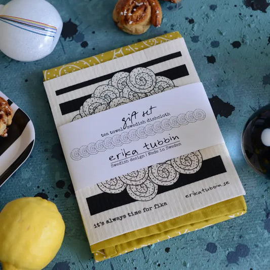 Giftset Swedish Fika Cinnamon Tea Towel, Erika Tubbin Sweden, Gift Set, Made in Sweden, Tea Towel, Swedish Dishcloth