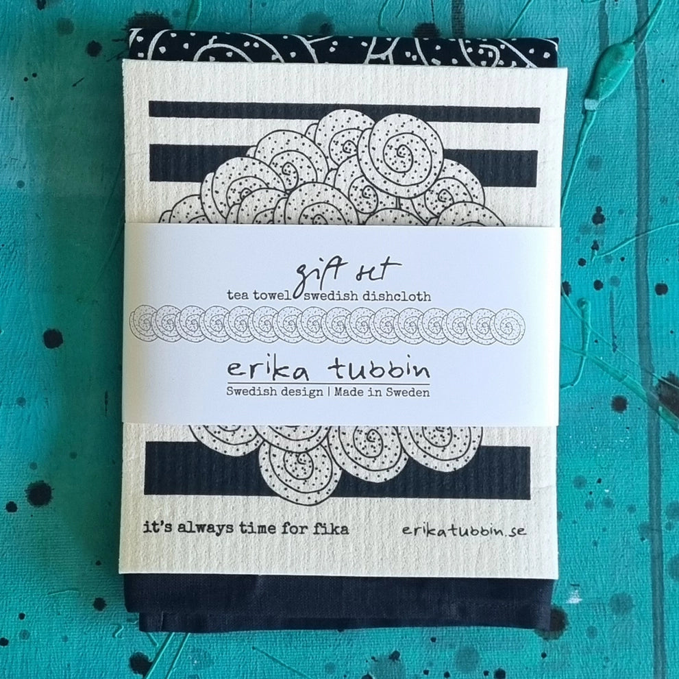 Giftset Swedish Fika Cinnamon Tea Towel, Erika Tubbin Sweden, Gift Set, Made in Sweden, Tea Towel, Swedish Dishcloth