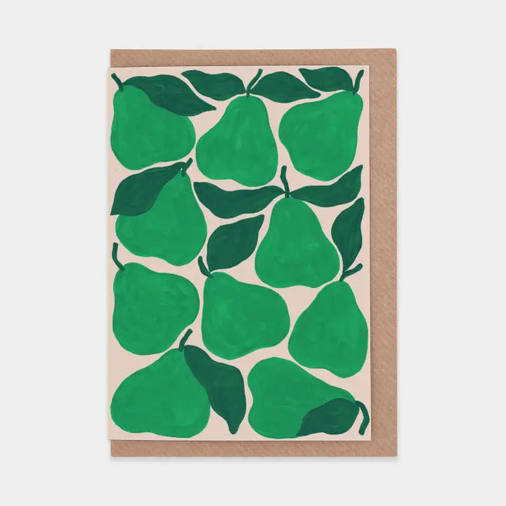 Card with green pear pattern on a beige background