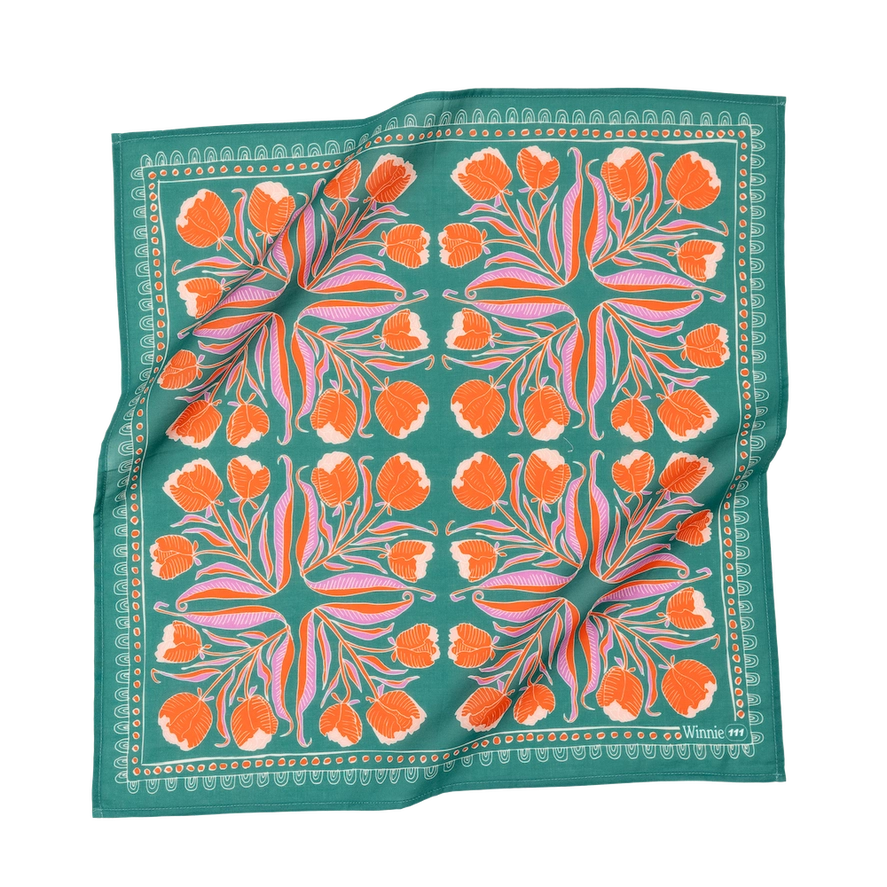 Bandanas that have gorgeous color schemes with fun decorative floral elements that will look great on an person. Bandanas are incredibly versatile for styling and these are 100% cotton. Find these at Huset Shop on Abbot Kinney in Venice Beach California a scandinavian store for everything you want to shop.