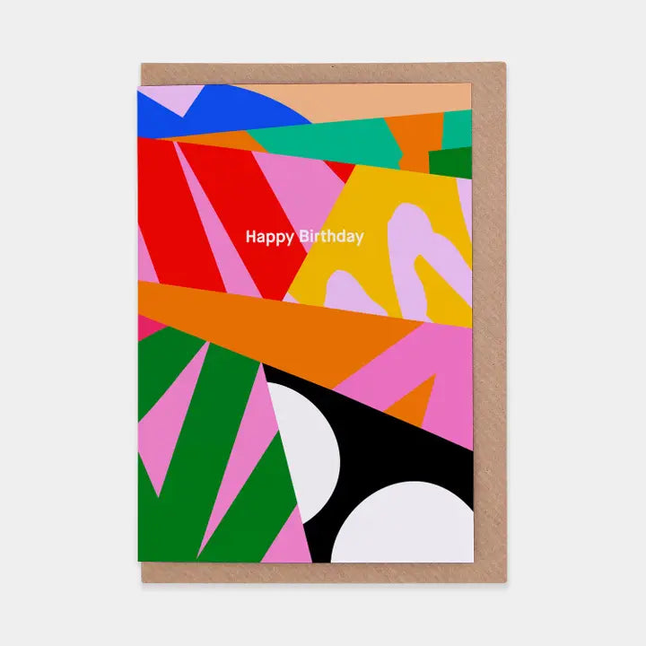 Colorful abstract design birthday card with 'Happy Birthday' text on a white background