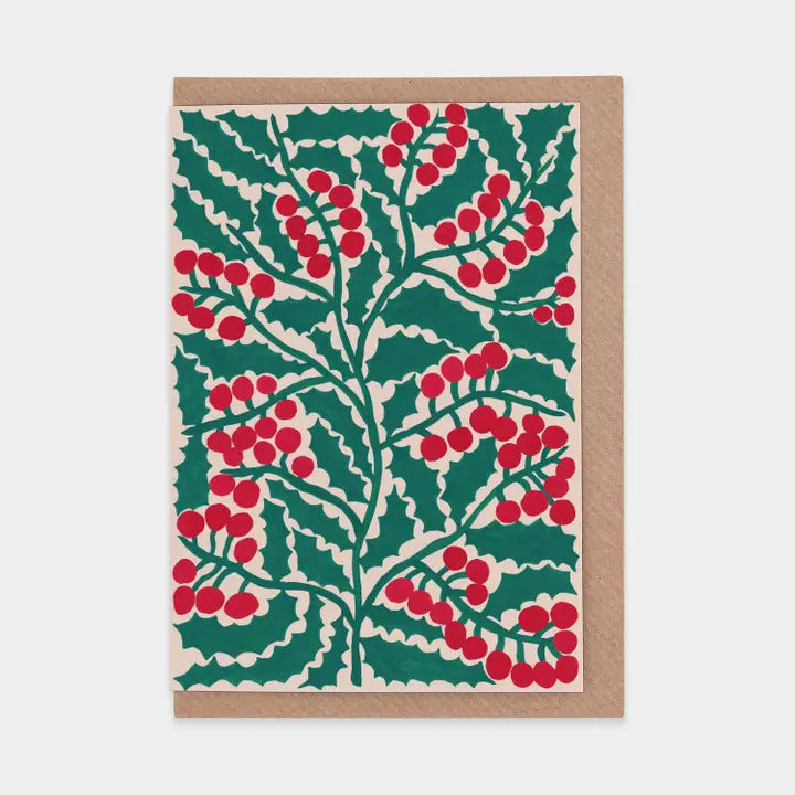 Greeting card with holly leaf and berry pattern on a white background
