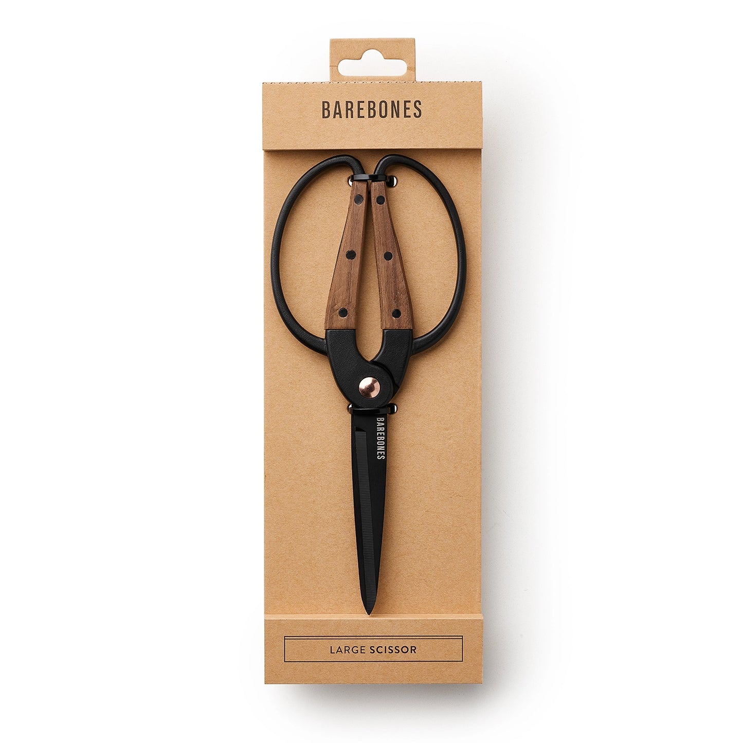 Large scissors with wooden handles in Barebones packaging on a white background