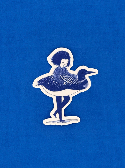A die-cut sticker featuring an illustration of a woman riding a loon, shown on a solid blue textured background.