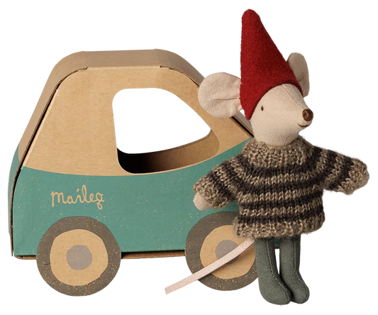 Little Mouse Stuffed Animal in Red Hat and Striped Sweater standing in front of Green Car