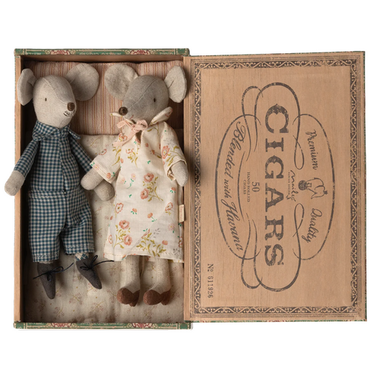 Maileg Grandma and Grandpa Mice in Cigarbox