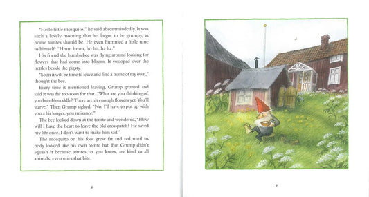Illustrated book page with a gnome and house, accompanied by text.