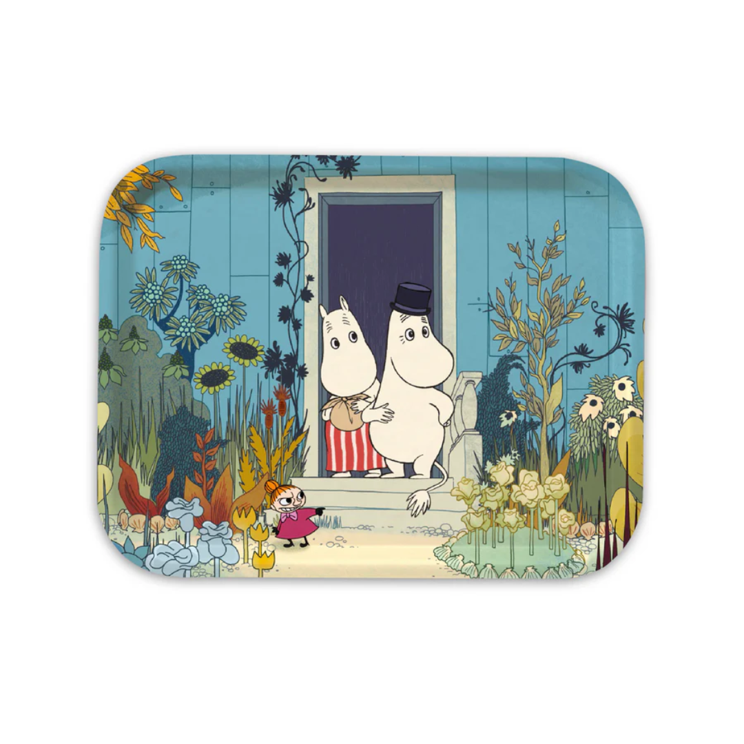 Illustration of two cartoon characters from Moomin standing in a doorway with a garden scene outside.