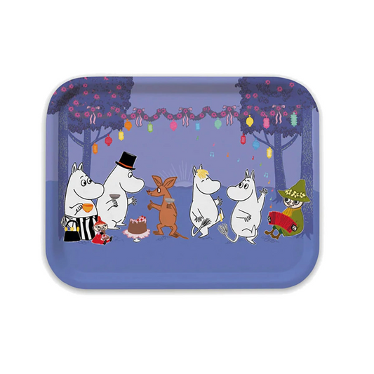 Rectangular tray with cartoon characters in a festive setting on a white background