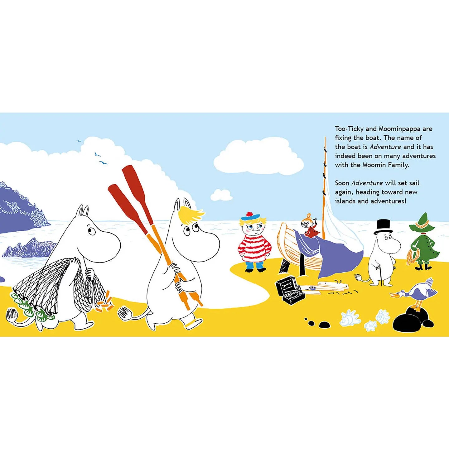 Illustration of Moomin characters on a beach they are going to go on adventures.