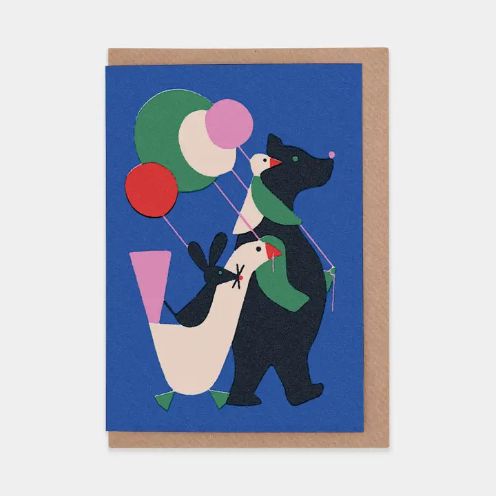Greeting card with illustration of a bear and bird holding balloons on a blue background