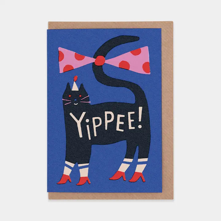 Greeting card with a black cat wearing a polka dot bow tie and the word 'Yippee!' on a blue background.