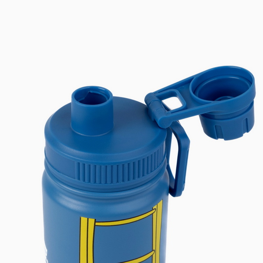 Blue water bottle with a yellow design on a white background