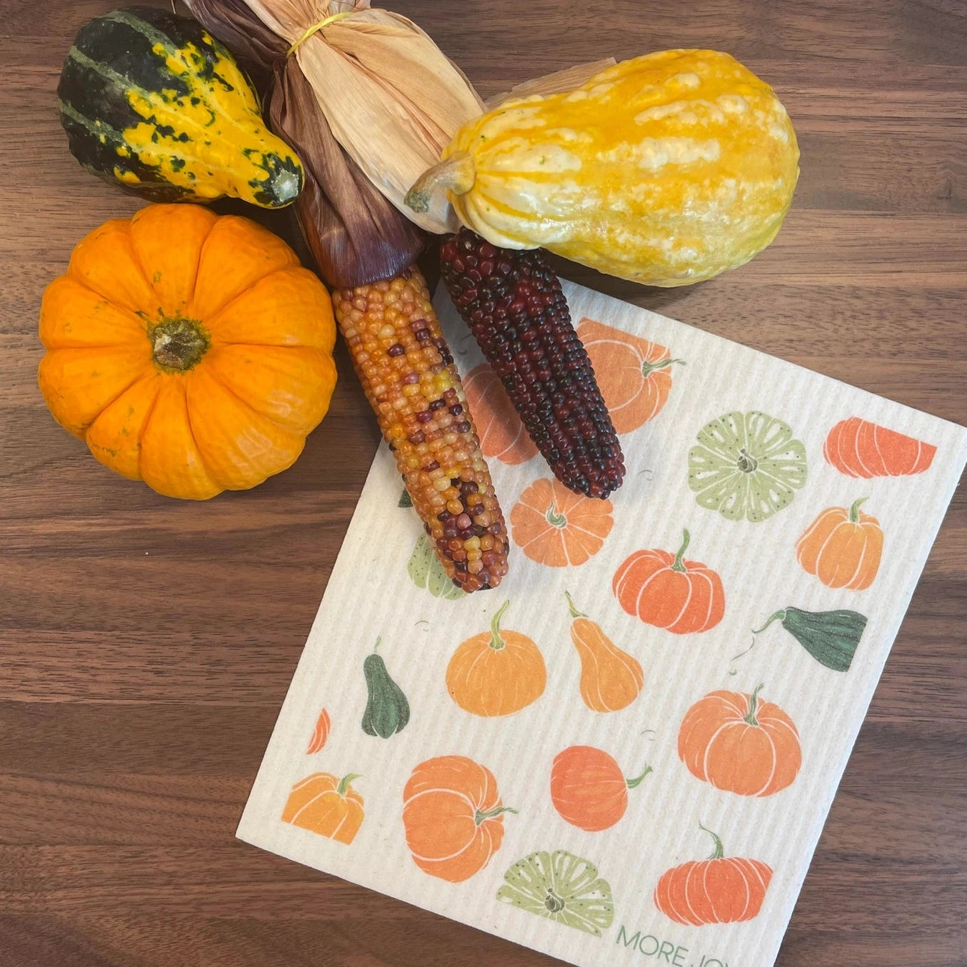 Illustrated Pumpkins on a swedish dish cloth perfect to bring fall vibes