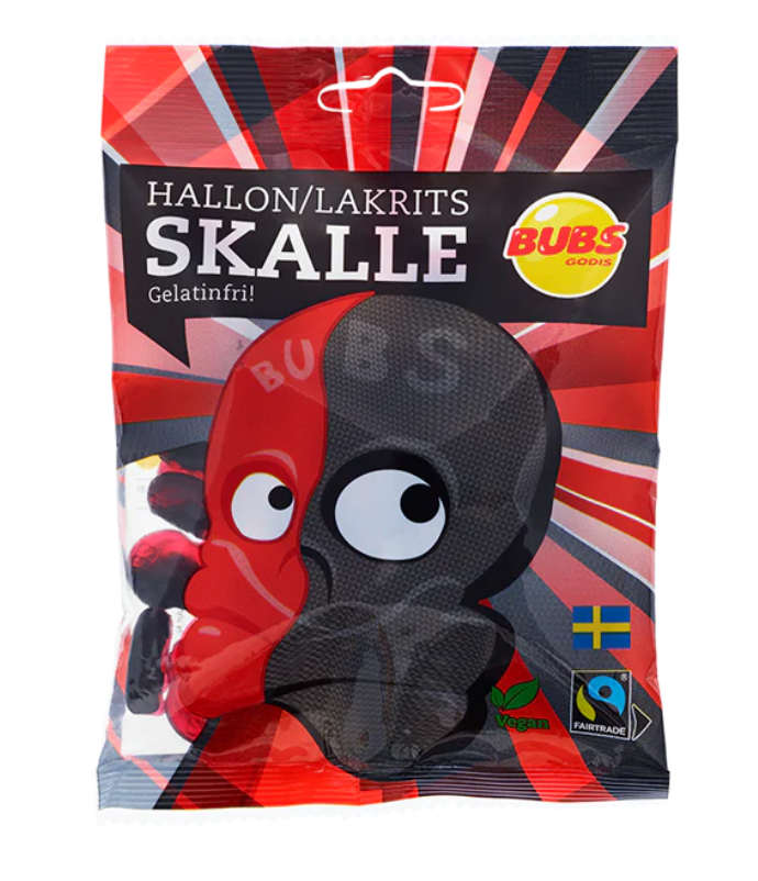 These are a great introduction to Swedish Black licorice because it is half raspberry and half salty licorice. The swedes that work with us here at the store say this is the most popular Bubs in Sweden.