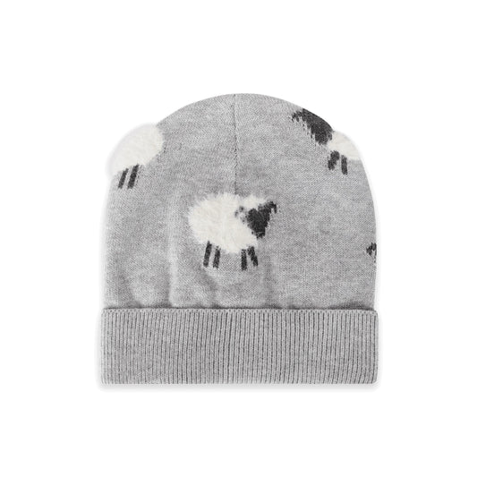 A light gray knit beanie hat featuring a pattern of white sheep with black faces and legs, finished with a ribbed cuff, shown against a plain white background.