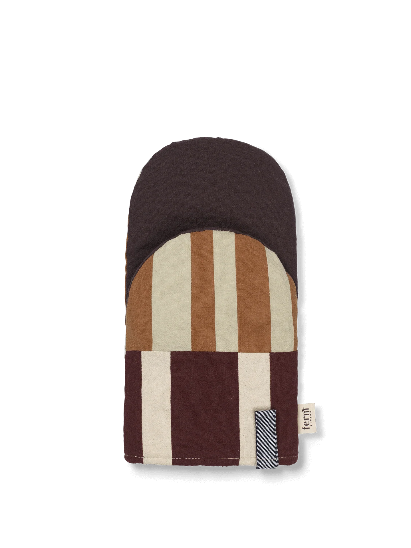 Mitt with brown, beige, and white pattern on a white background