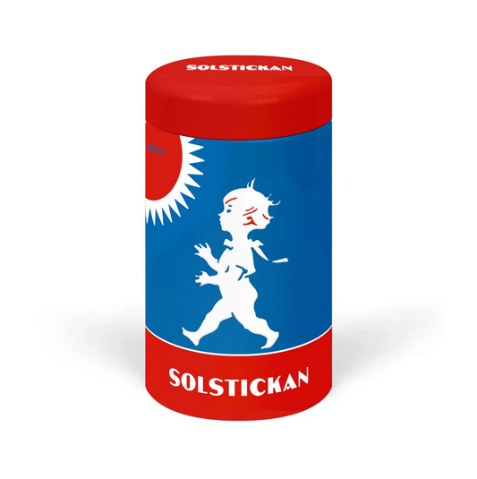 cylindrical container with red and blue design featuring a logo and text on a white background