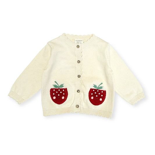 Cream-colored cardigan with red strawberry designs on a white background