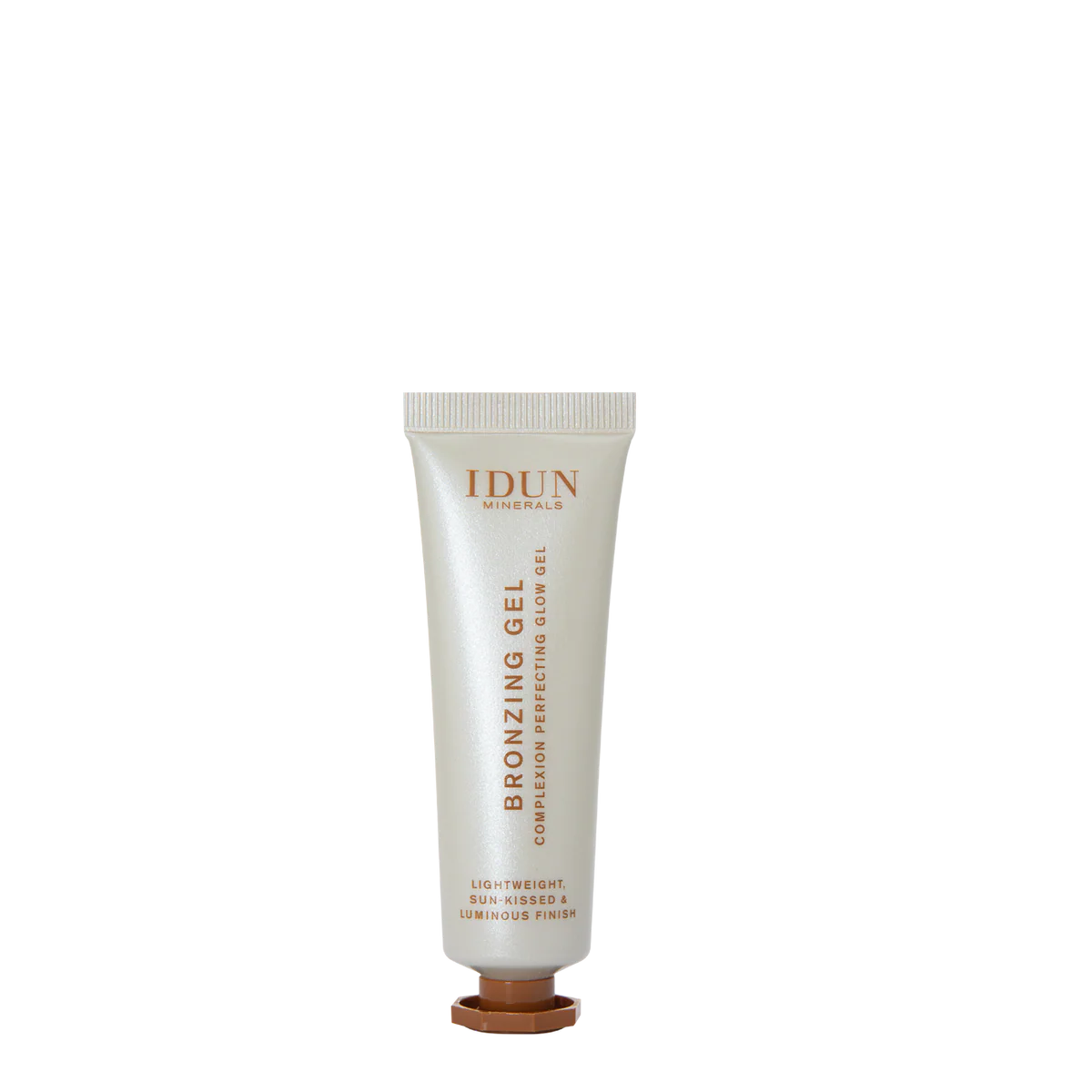 IDUN Minerals bronzing gel tube on a white background, IDUN delivers affordable clean beauty for all. Their mission is to make sure everyone has access to great products that we put on our skin and keeping it vegan so it is cruelty free and safe for all skin types. Tested by dermatologists and ingredients so safe you could put it on a baby.