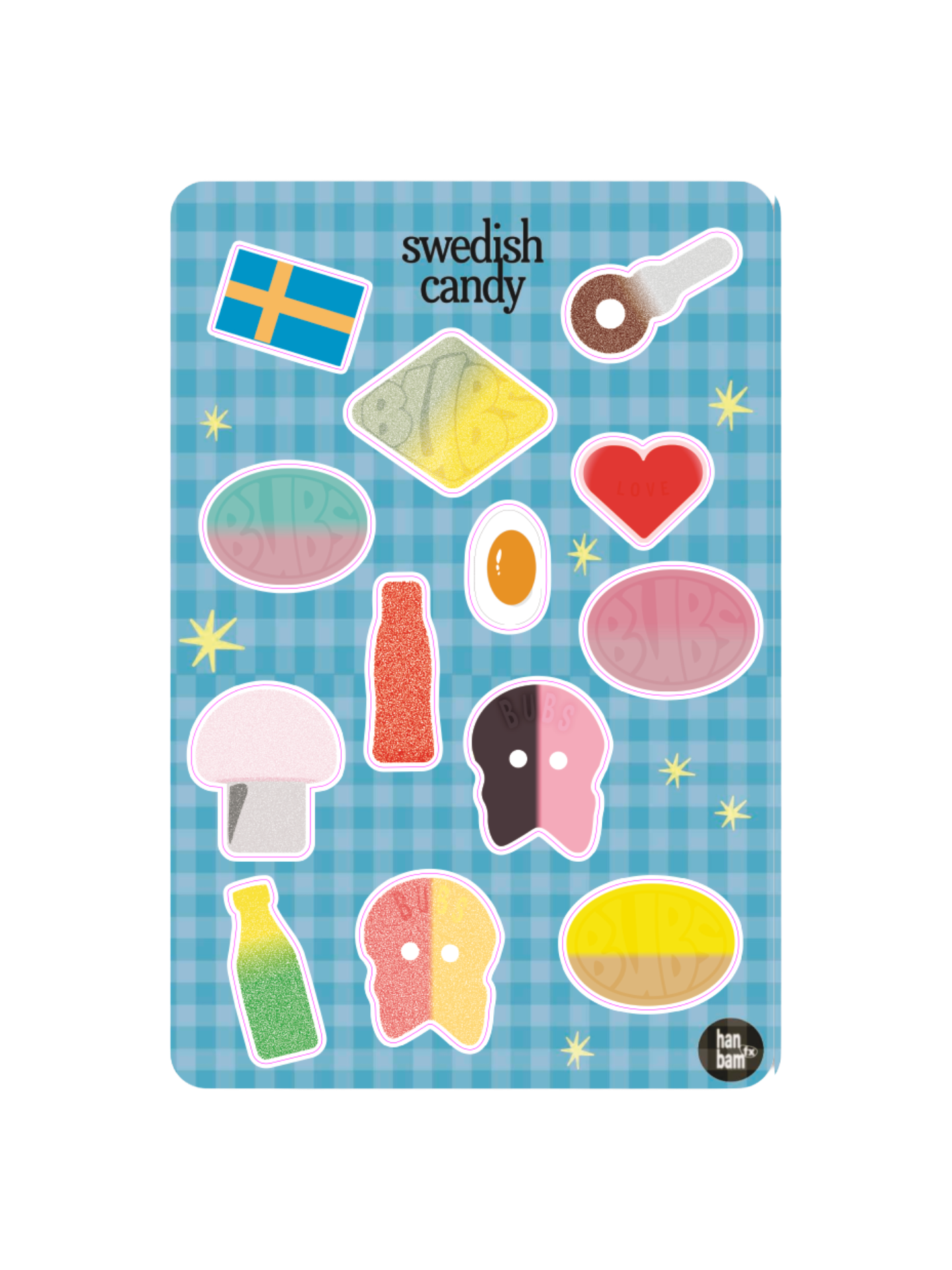 swedish candy sticker sheet designed by hannah stokes a graphic designer for huset shop a scandinavian store in los angeles in venice california. bubs candy, artsy, crafty, collection, journaling, crafty girls spots in la, waterproof, for laptops, water bottles, decorating your phone, show your personality, cute, trendy