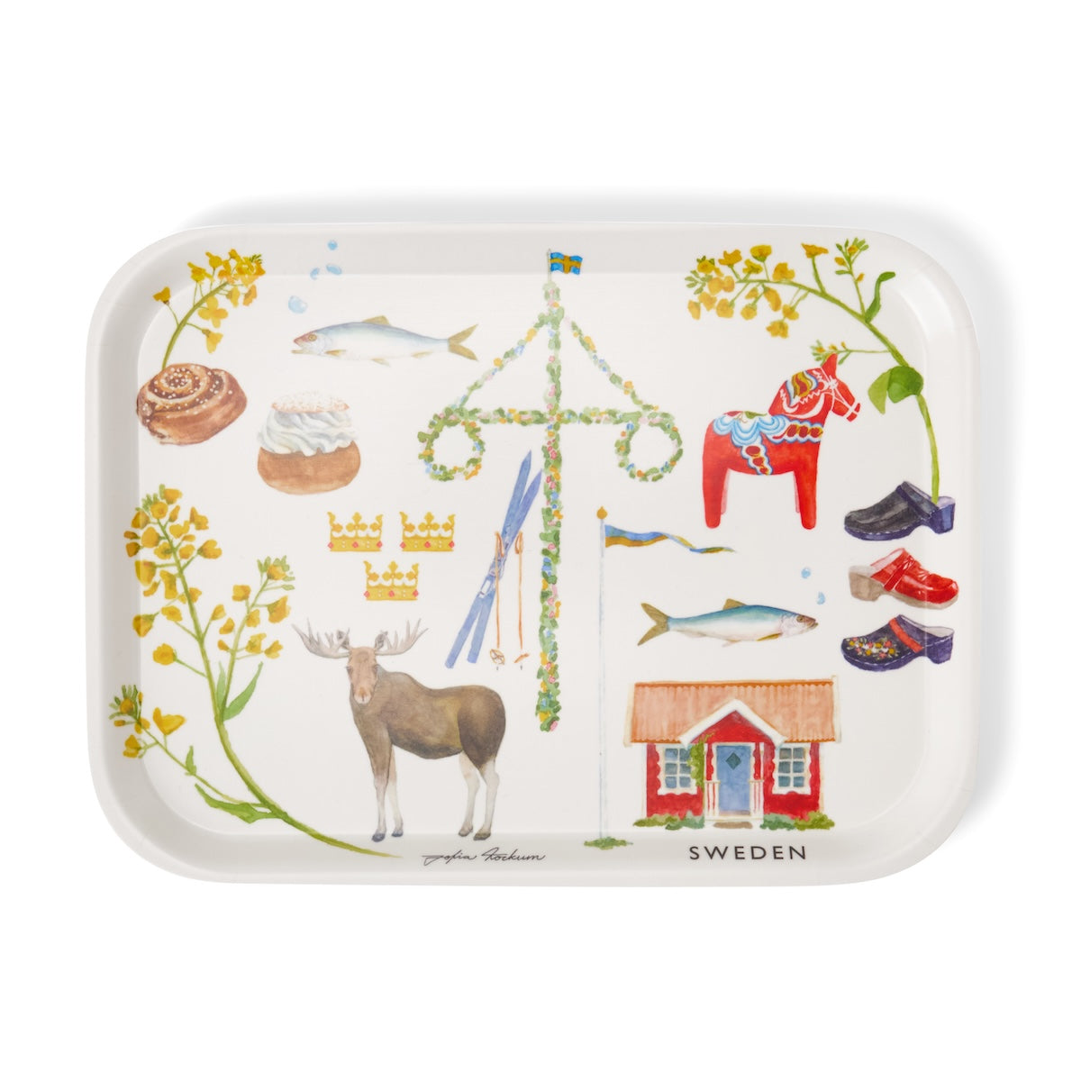 Tray with classic Swedish motifs painted by Sofia Kockum
Featuring the Swedish Semla Buns, Kanelbullar (Swedish Cinnamon Buns), Elderflowers, Dala Horse, Herring, Swedish Farmhouse, Moose, Clogs, Skis, 3 Crowns, and a Maypole in the center.
Dimensions: 27x20cm
Perfect for bringing some treats like cookies or crackers and cheese out to sit and watch nature or using on your coffee table for guests. Great for entertaining and for Swedish Midsommer.