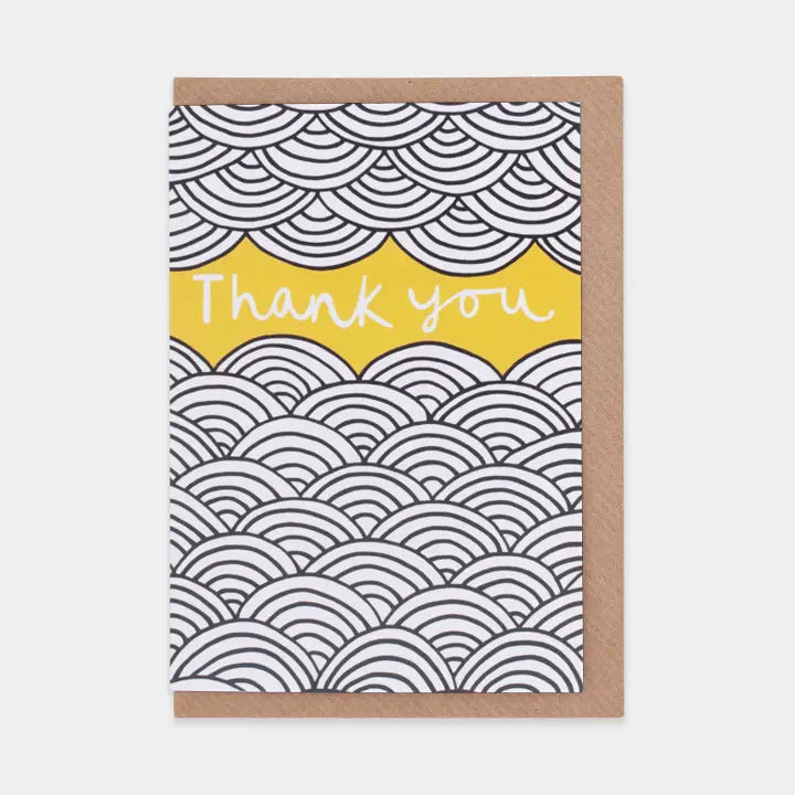 Greeting card with wave pattern and 'Thank you' text on a yellow background
