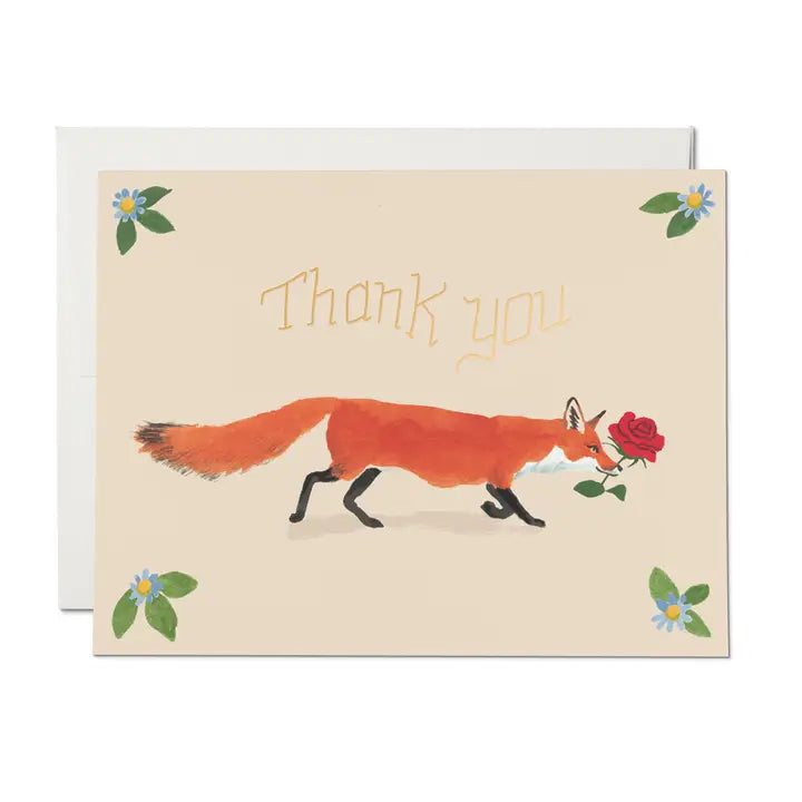 Greeting card with a fox holding a rose and 'Thank you' text on a beige background.