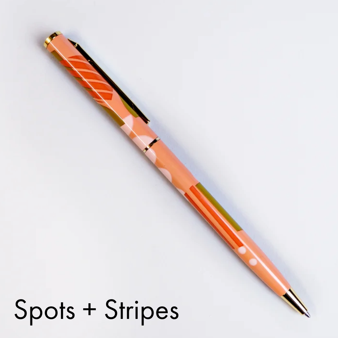 Style-conscious stationery shoppers
Fashion-inspired gifts
Customers looking for eco-friendlier writing tools
Retailers after stationery with “statement piece” energy
Specs:
Slimline metal body with olive + blue check print on cream
Gold plated (no tarnish, all luxe)
Black, fineline ballpoint ink
Refillable (refills sold separately)
wholesale pens, refillable pens wholesale, designer stationery wholesale, check print pen, stylish desk accessories, eco-friendly pen wholesale, slimline pens, fashion