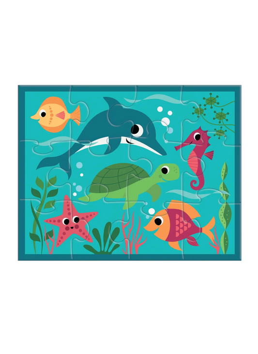 Designed with extra-thick pieces for children two and older. Ingela Arrhenius has illustrated an underwater look at a porpoise, sea turtle, sea star, seahorse, fish, and kelp, all brightly colored. If you prefer a frosty adventure featuring adorable polar pals go for the Artic set. The convenient pouch keeps pieces together for on-the-go fun, whether at home or during travel. Watch your little one's face light up as they connect each piece.