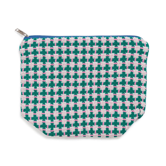Patterned pouch with green, pink, and white design on a white background