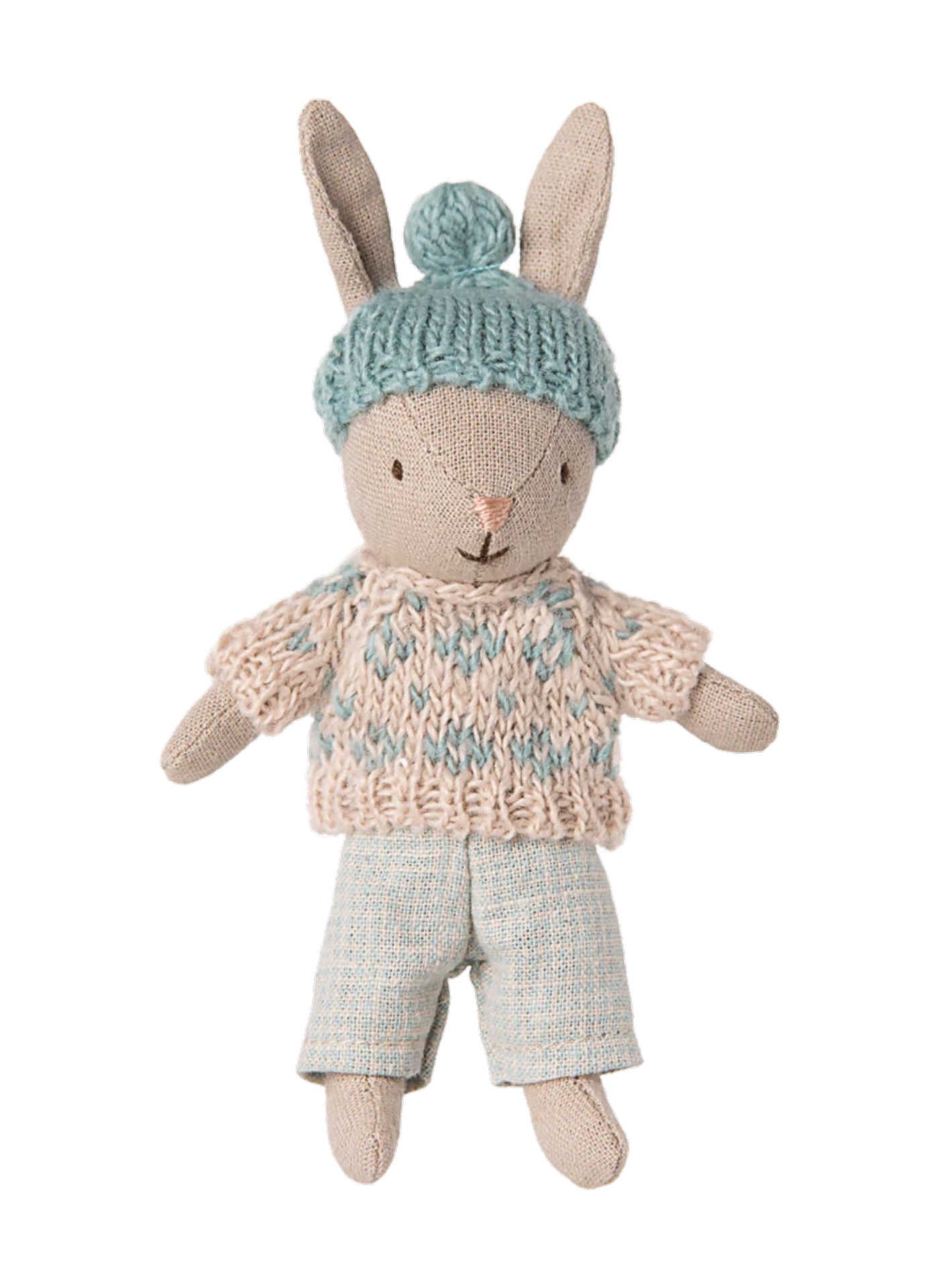 Let the storytelling and hours of play begin with this soft rabbit. It fits Maileg accessories in size micro perfectly and can live in the miniature dollhouse. This rabbit size is also perfect on the go so you can bring the magic everywhere. The cozy clothing is perfect for bringing them outside because they are dressed for the harsh weather.
