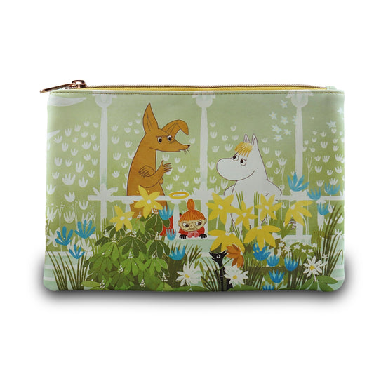 Pouch with cartoon characters in a forest design on a green background