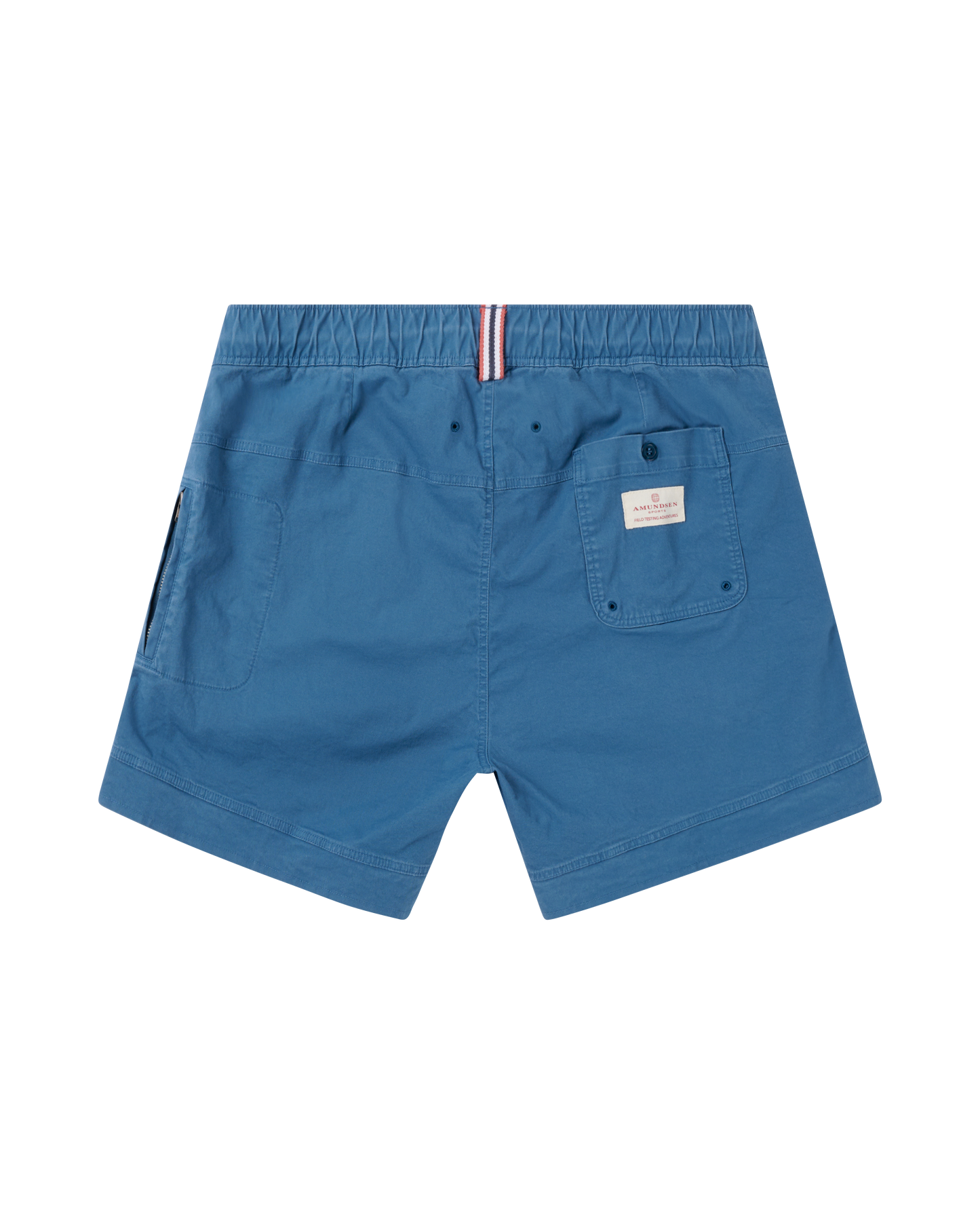 Blue shorts with a small pocket and brand label on a white background