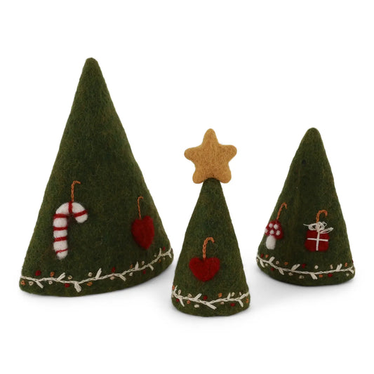 Unstack the felt layers to reveal three different trees. Designed with intricate details and handcrafted to bring a touch of winter magic into your home. Choose from white elegant trees with fine embroidery or a classic fir green tree with Christmas gifts and candy canes decorating the exterior.