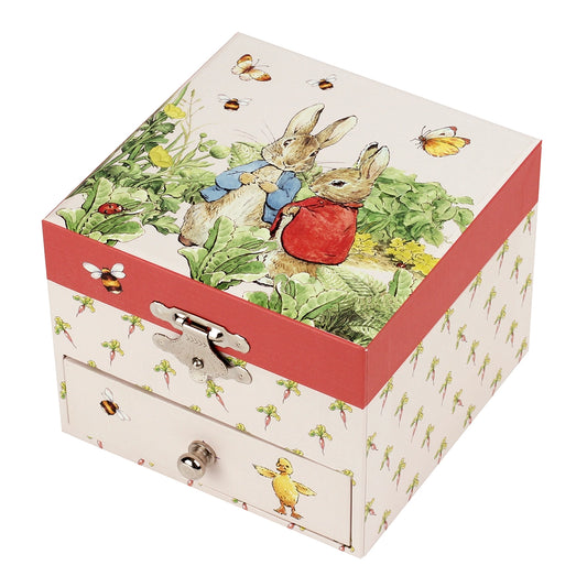 Jewelry box with illustrations of rabbits and nature on a white background