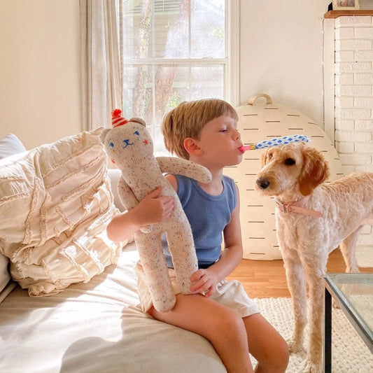 Blabla Party Bear is speckled with confetti, has little stars on its cheeks, and wears a fun red party hat! The cuteness is off the charts here. This would make a great birthday gift for a boy or a girl. 